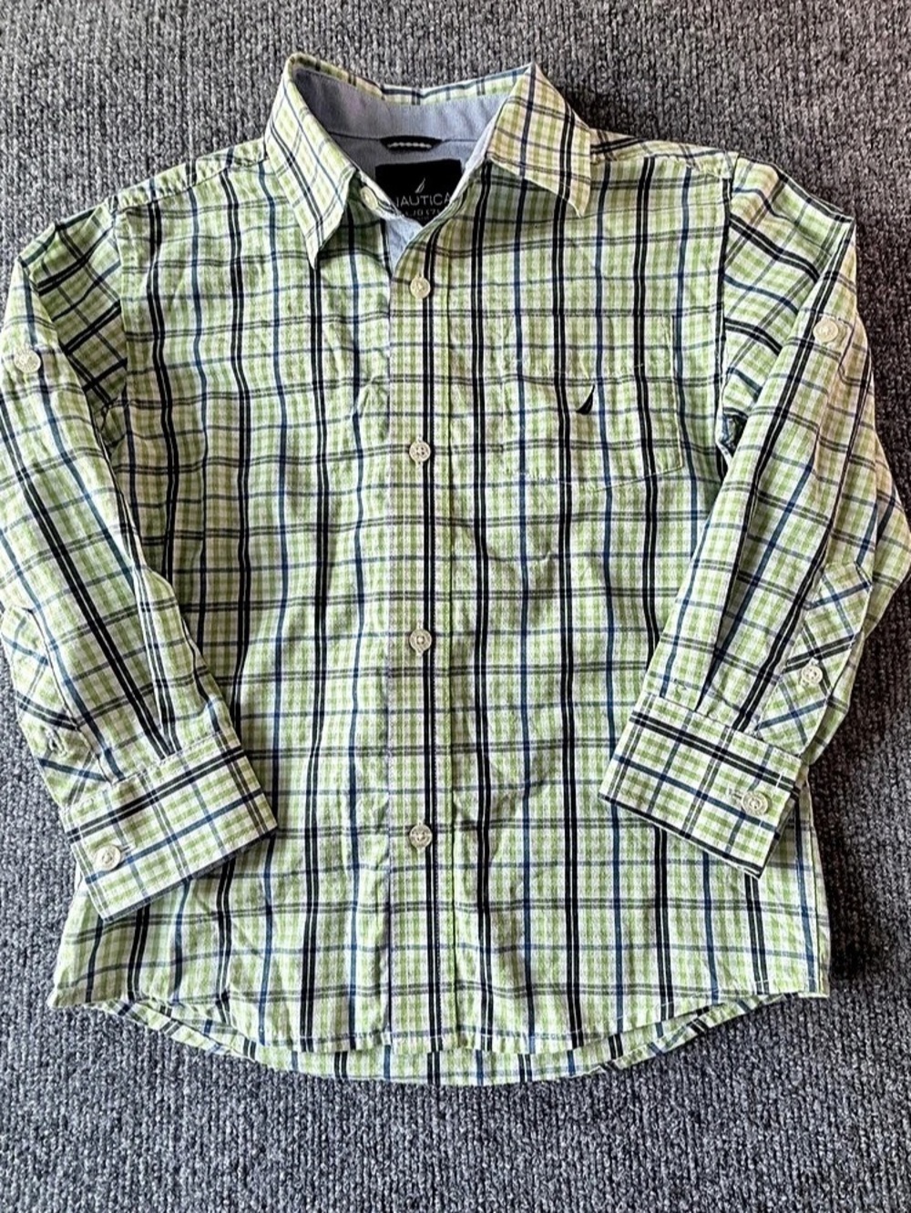 Nautica Boys Small Plaid Long Sleeve Button-Down Dress Shirt Green Blue White